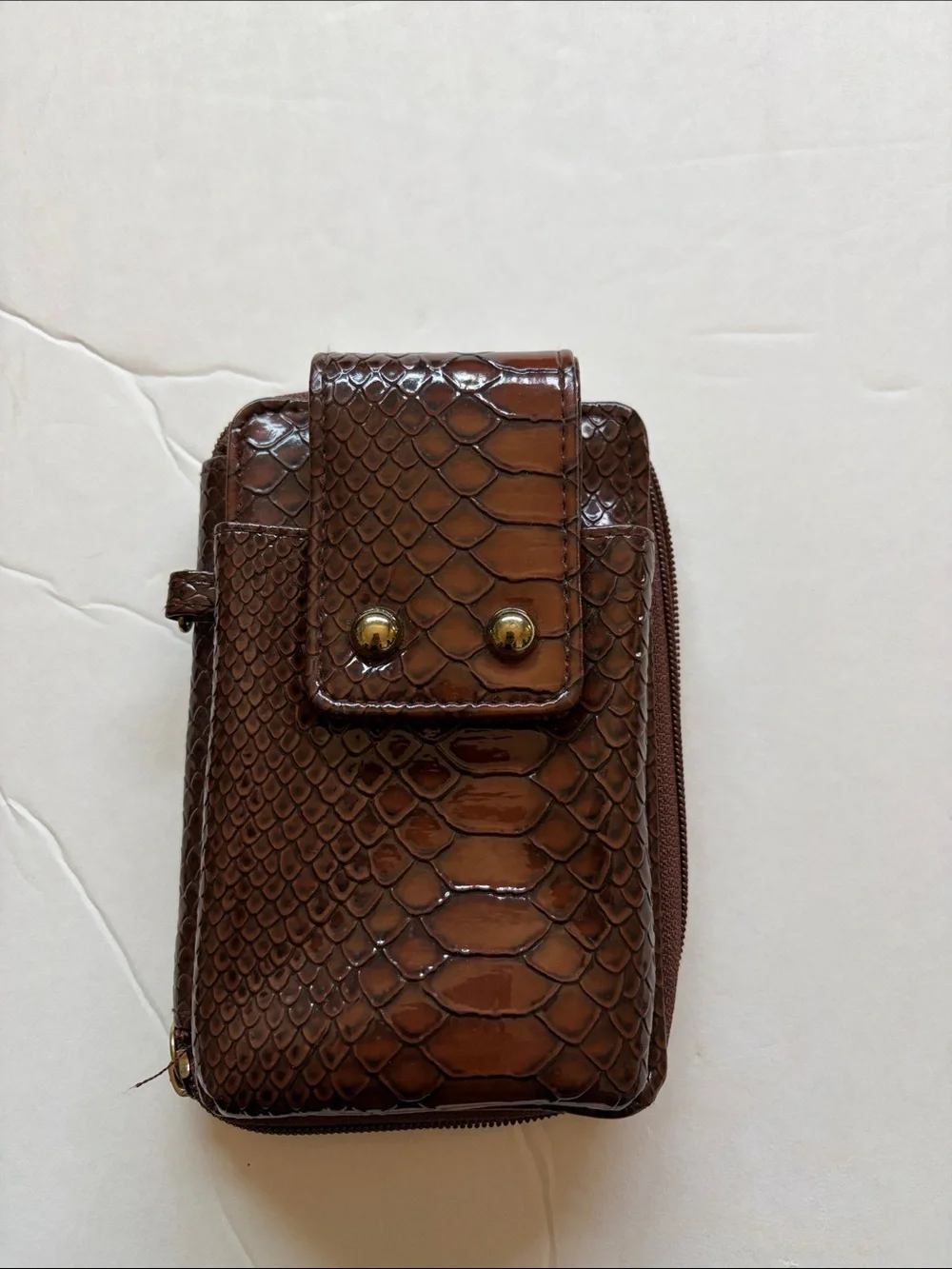 Glossy Brown Faux-Snake Clutch with Snap Strap